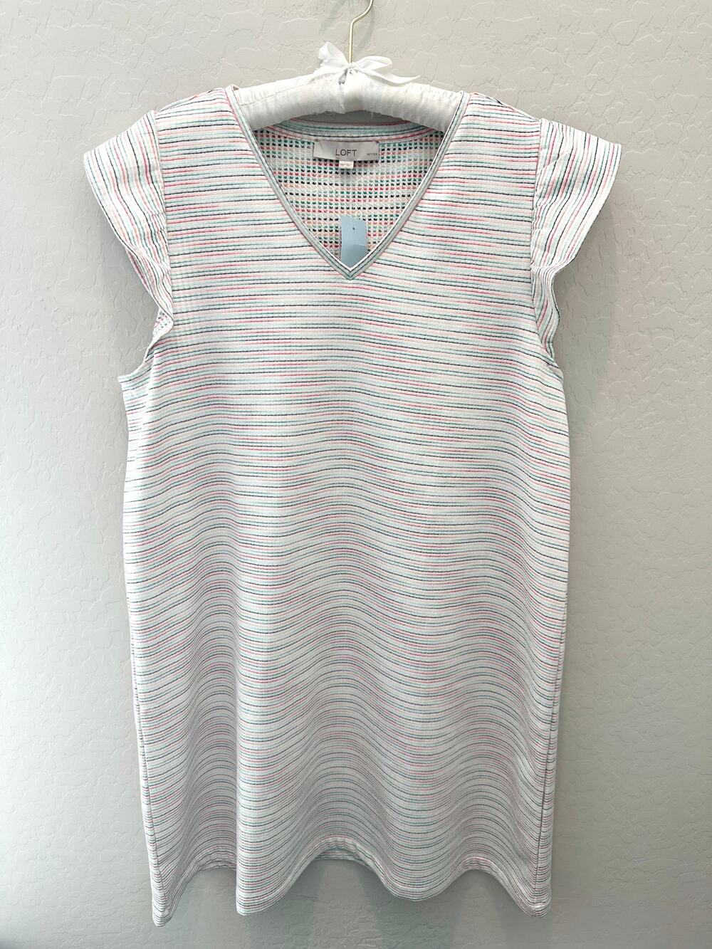 LOFT | Petite White Multicolor Striped Knit Shift Dress V-Neck NWT Resort | XXL